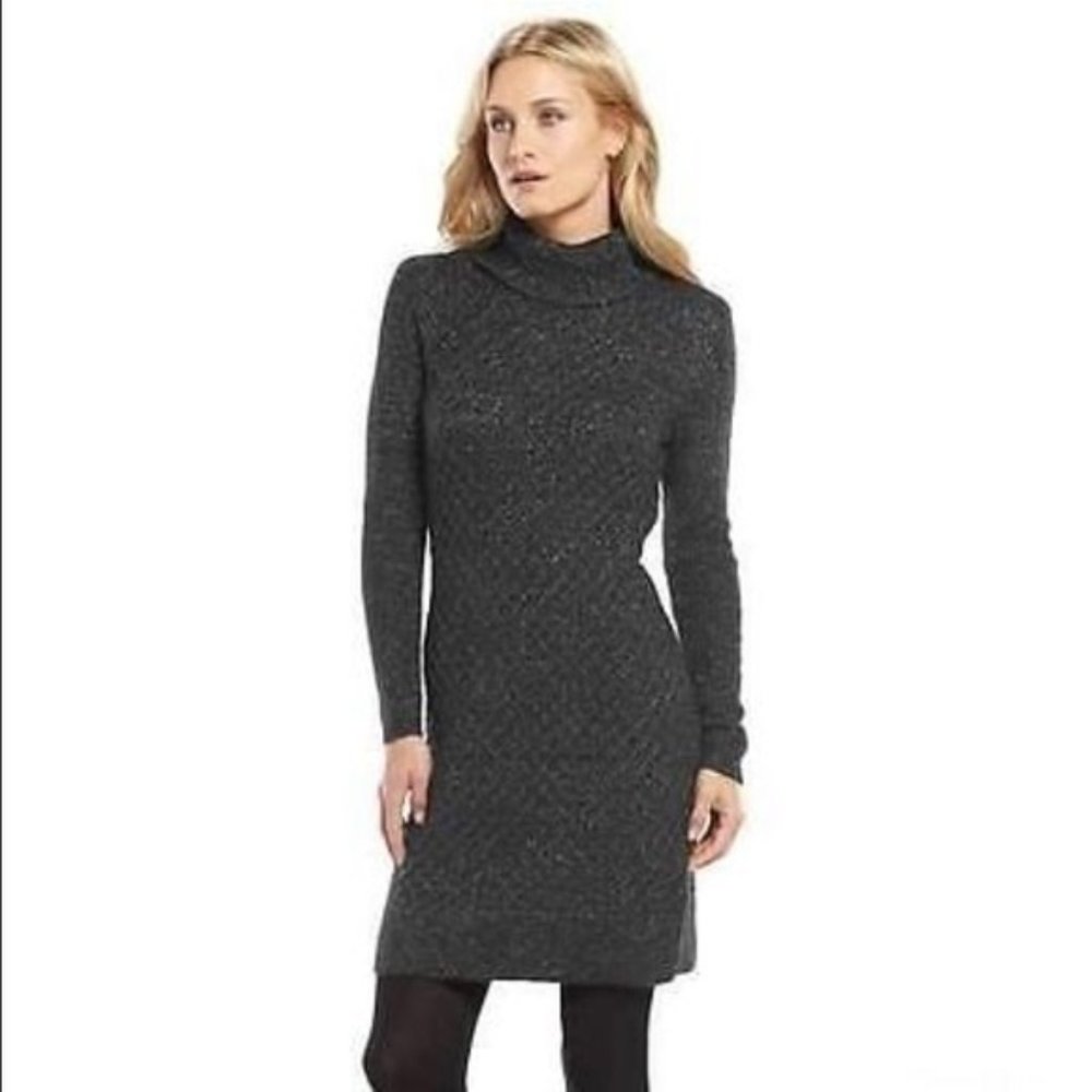 Black, Grey, & Silver Marl Knit Sparkle Long Sleeve Turtleneck Sweater Dress